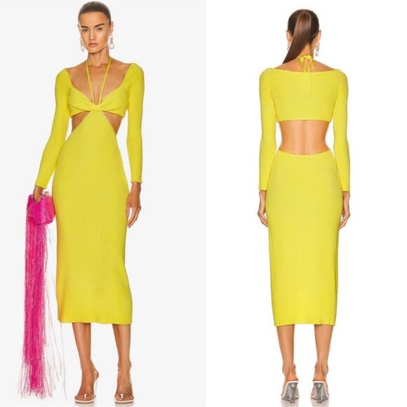Cult Gaia Enzo‎ Strappy Cutout Knit Maxi Dress Size Large Ribbed Yellow - Picture 2 of 15